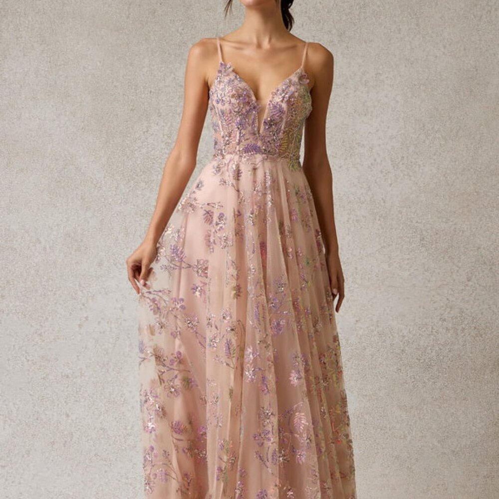 NEW LONG PROM DRESS, MAUVE PINK PRINT FORMAL GOWN